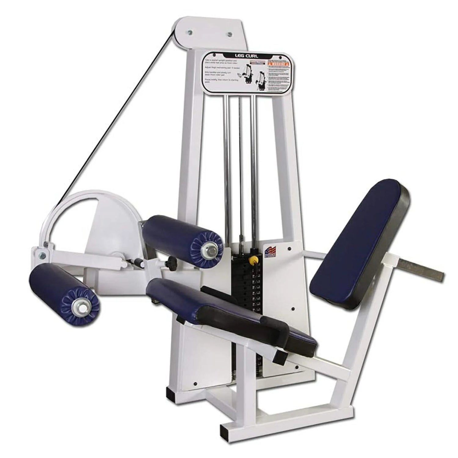 The Legend Fitness 968 Women's Circuit by Legend Fitness is a seated leg curl machine with padded rollers, weight stack, instructional placard, and blue cushioned seat and backrest designed to strengthen hamstrings.