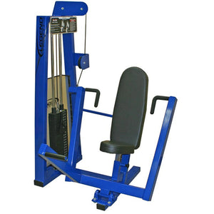 The Legend Fitness 969 Children's Circuit by Legend Fitness is a blue and black seated chest press machine with padded seat, backrest, adjustable weight stack, and horizontal handles, designed for strength training in gyms.