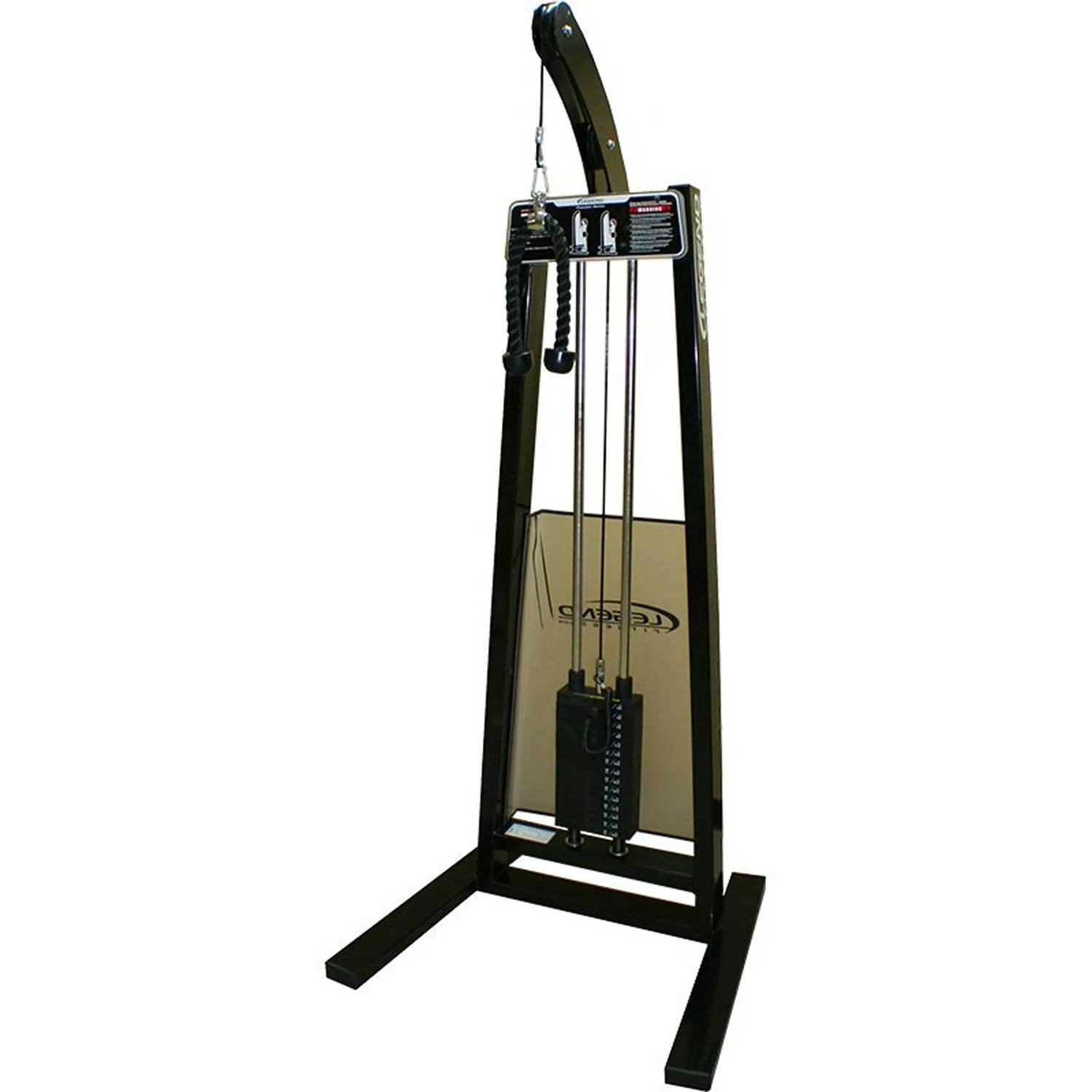The Legend Fitness 969 Children's Circuit by Legend Fitness is a standing cable machine with a single pulley, black frame, weight stack, and rope handle, designed for strength training exercises in gyms.