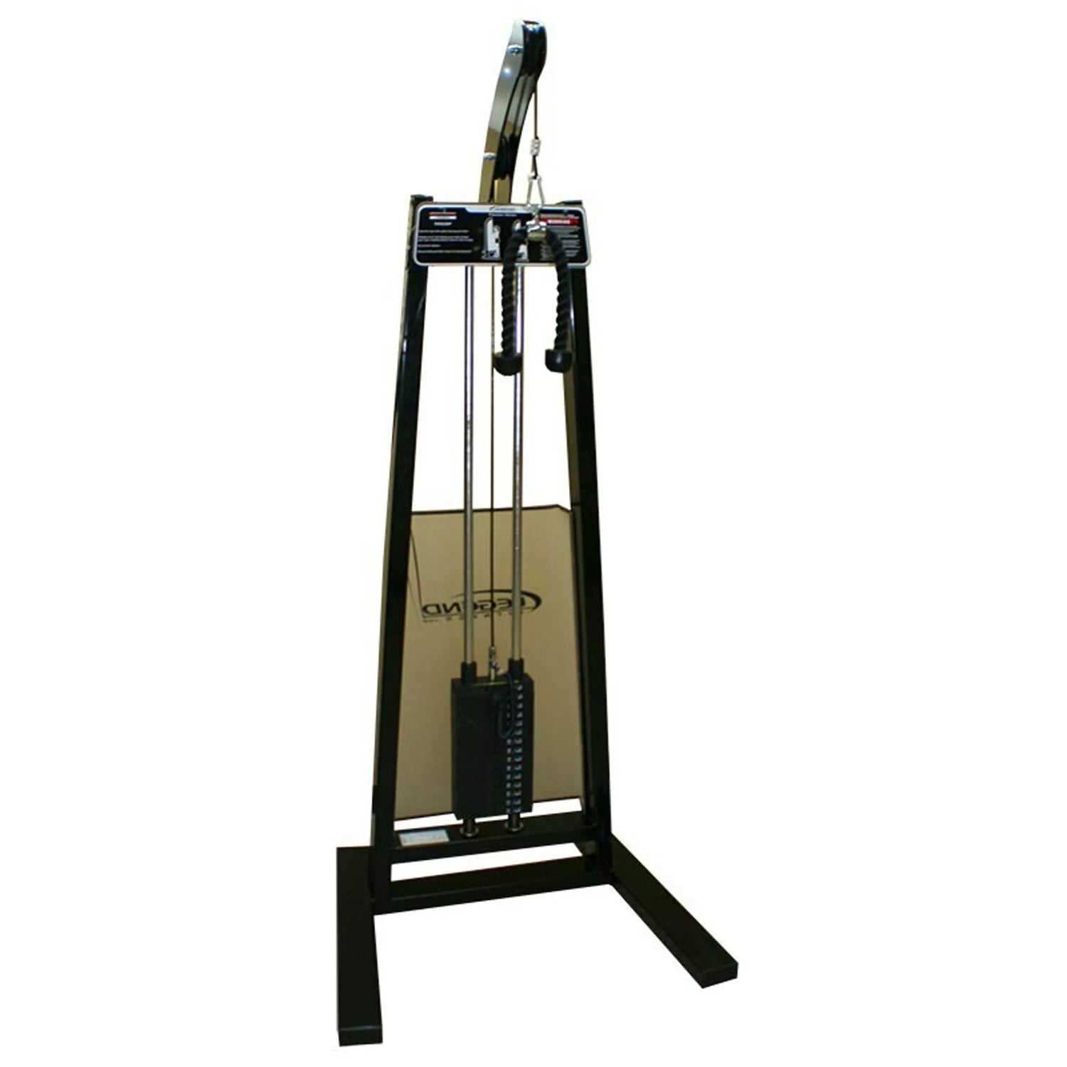 The Legend Fitness 969 Children's Circuit is a standing cable exercise machine by Legend Fitness, featuring a black frame, pulley system, two handles for upper body workouts, weight stack, and the brand logo on the weight shield.