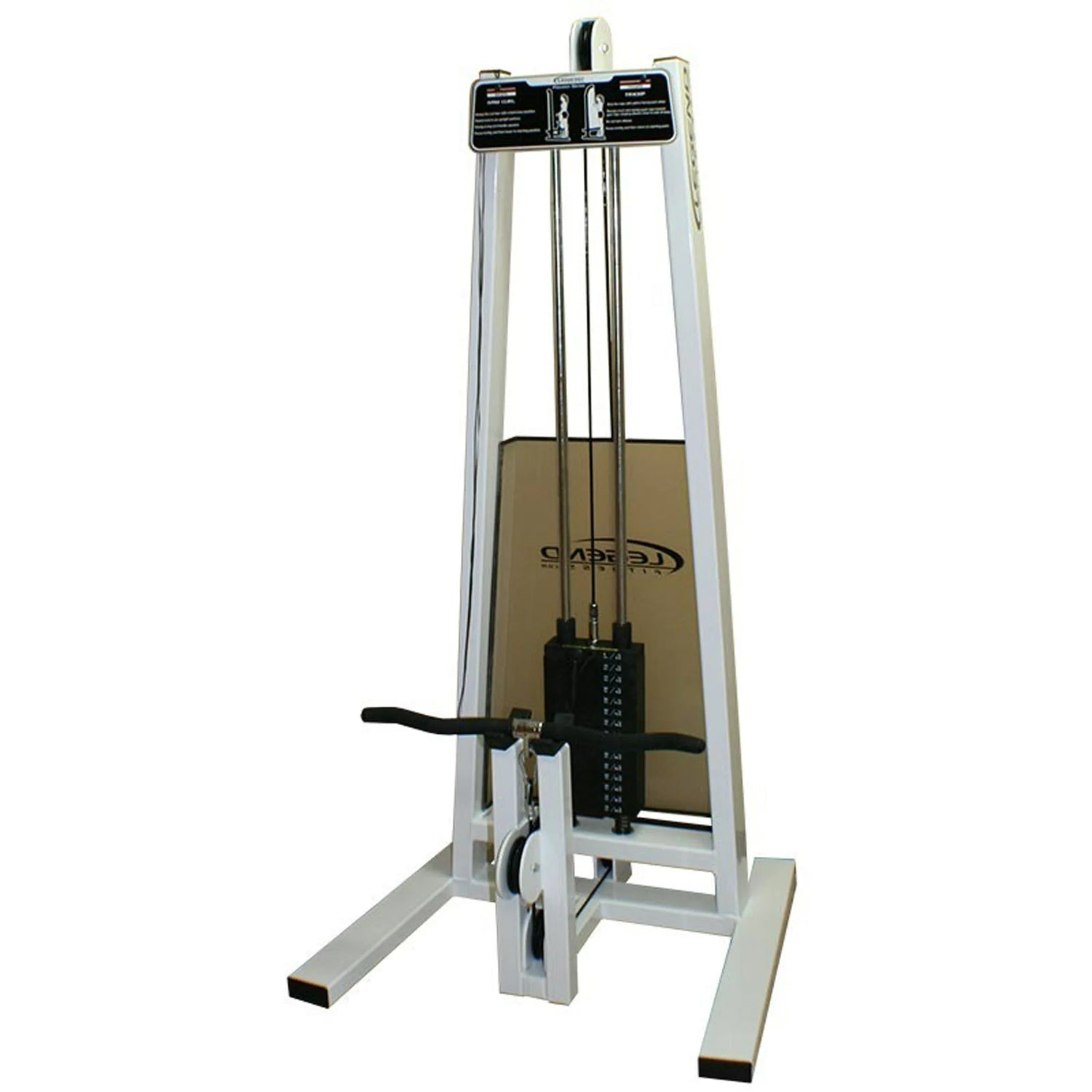 The Legend Fitness 969 Children's Circuit by Legend Fitness is a white seated row machine with a padded seat, footrests, V-handle cable, and vertical weight stack for strength training exercises.