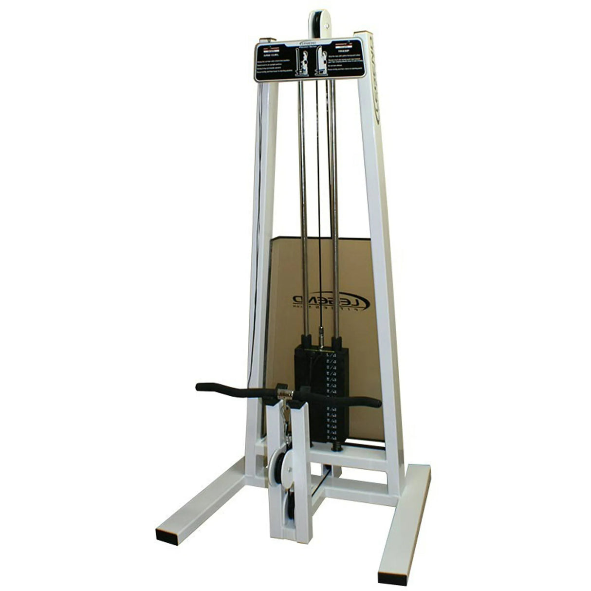 The Legend Fitness 969 Children's Circuit by Legend Fitness is a white seated row machine with a padded seat, footrests, V-handle cable, and vertical weight stack for strength training exercises.
