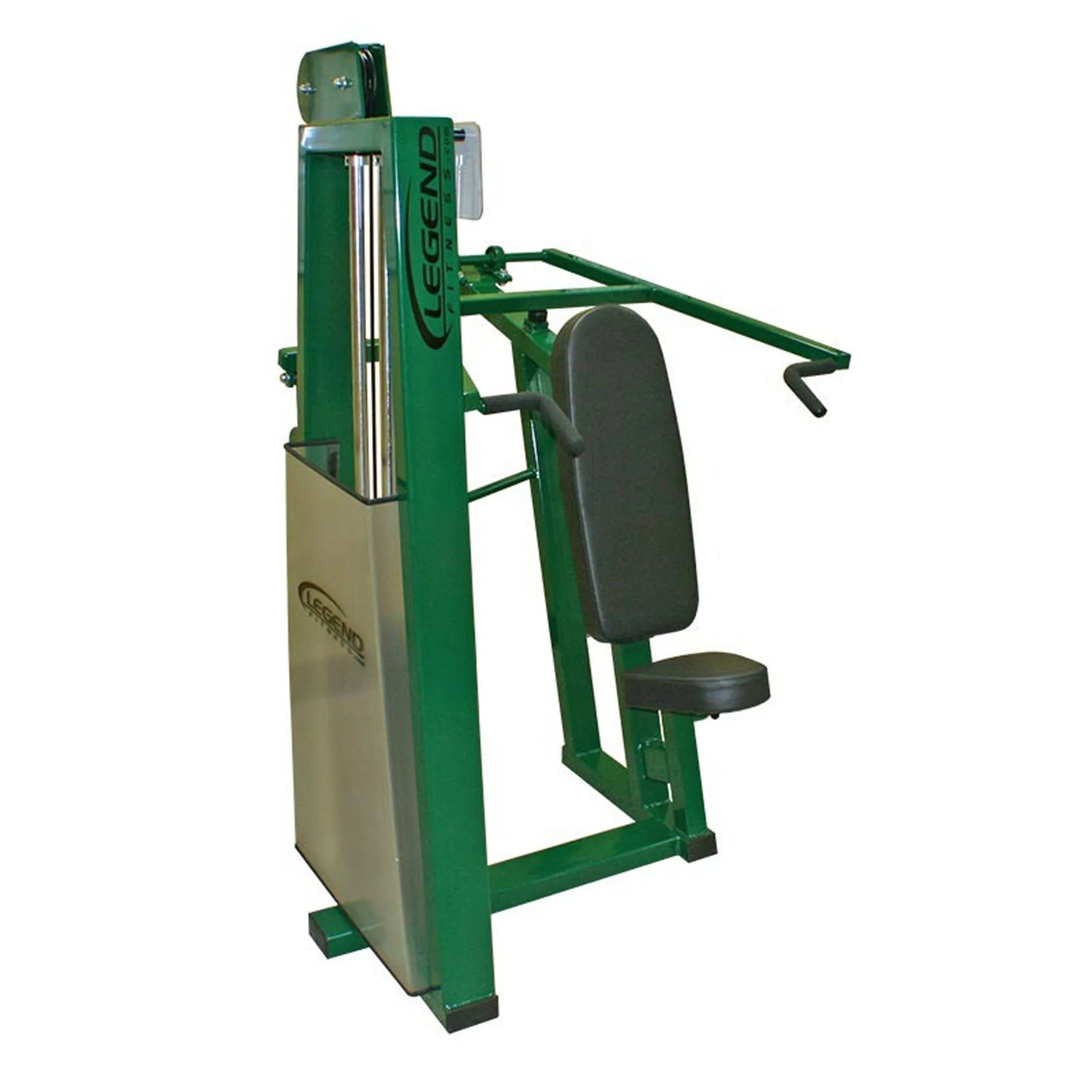 The Legend Fitness 969 Children's Circuit by Legend Fitness is a green and silver chest press machine with padded seat, backrest, two horizontal handles, and a weight stack for upper body training in gyms.