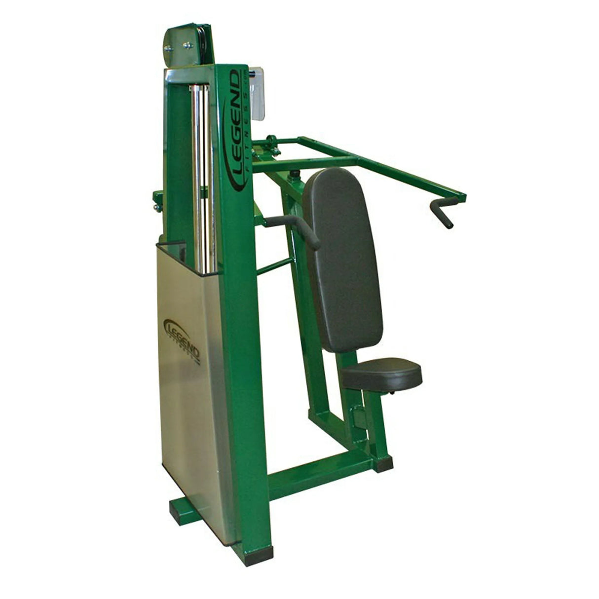 The Legend Fitness 969 Children's Circuit by Legend Fitness is a green and silver chest press machine with padded seat, backrest, two horizontal handles, and a weight stack for upper body training in gyms.