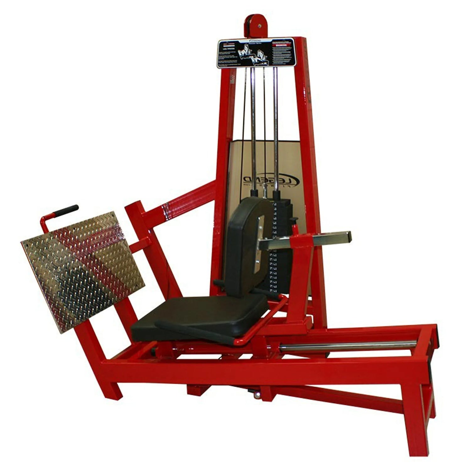 The Legend Fitness 969 Children's Circuit by Legend Fitness is a red seated leg press machine with a black seat, adjustable weights, metal footplate, and handlebar for strength training.