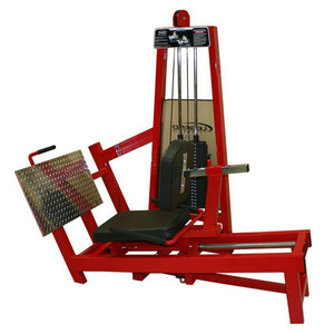 The Legend Fitness 969 Children's Circuit by Legend Fitness is a red seated leg press machine with a black seat, adjustable weights, metal footplate, and handlebar for strength training.
