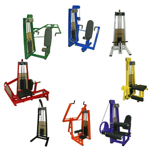 The Legend Fitness 969 Children's Circuit by Legend Fitness features eight colorful gym machines for different strength exercises, arranged against a white background in green, blue, black, red, orange, purple, yellow, and grey.