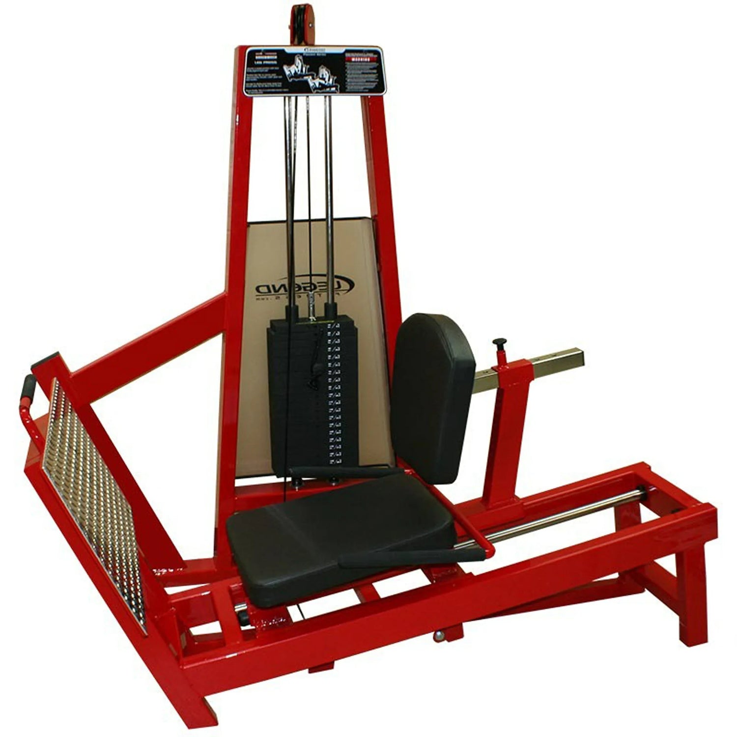 The Legend Fitness 969 Children's Circuit by Legend Fitness is a red seated calf raise machine with padded seat, backrest, weight stack, and foot platform, designed for gym use to strengthen lower legs.