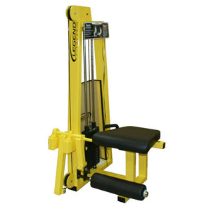 The Legend Fitness 969 Children's Circuit by Legend Fitness is a yellow and black seated leg extension machine with padded seat and leg supports, weight stack, and an instructional placard, designed for gym strength training.