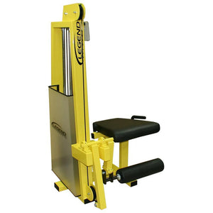 The Legend Fitness 969 Children's Circuit is a yellow and black leg extension machine with padded seat and leg support, designed for gym workouts. Legend Fitness branding appears on the upright column.