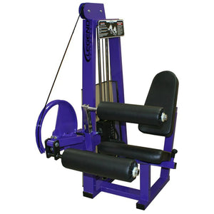 The Legend Fitness 969 Children's Circuit by Legend Fitness is a purple and black leg extension machine with padded seat and rollers, featuring a pulley and weight stack system for quadriceps strength training.
