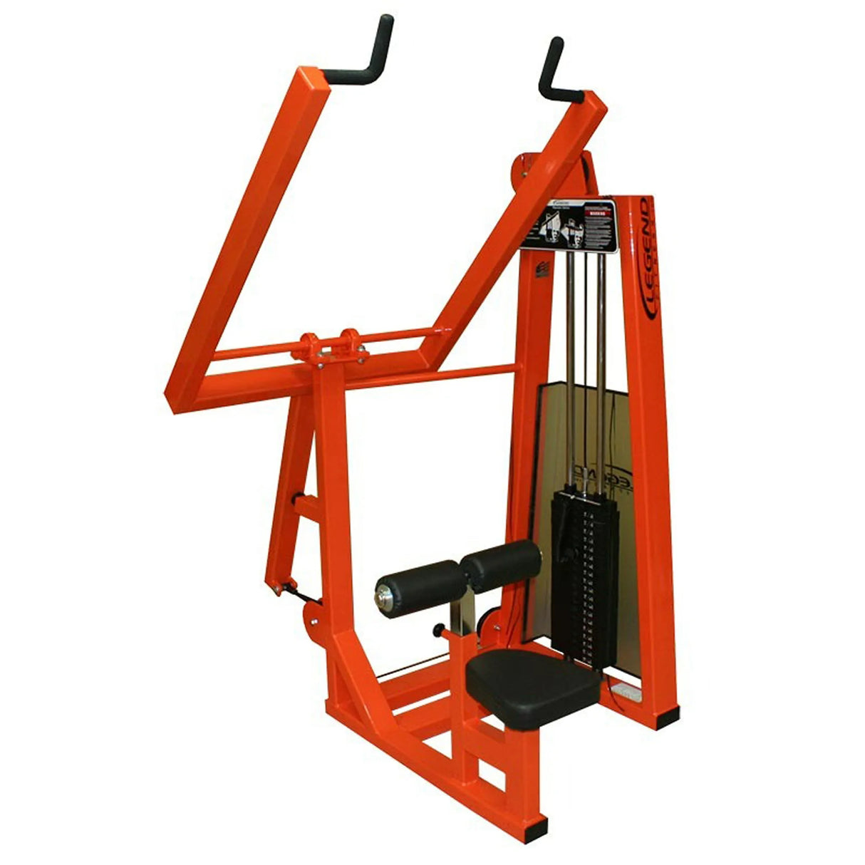 The Legend Fitness 969 Children's Circuit by Legend Fitness is an orange weight machine with a padded seat and backrest, dual overhead handles, and a visible weight stack for upper body strength training.