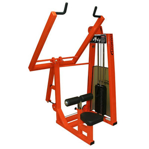 The Legend Fitness 969 Children's Circuit by Legend Fitness is an orange weight machine with a padded seat and backrest, dual overhead handles, and a visible weight stack for upper body strength training.
