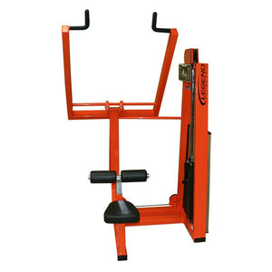 The Legend Fitness 969 Children's Circuit by Legend Fitness is a bright orange lat pulldown machine with padded seat and leg supports, two upward-curving handles, and a visible right-side weight stack.