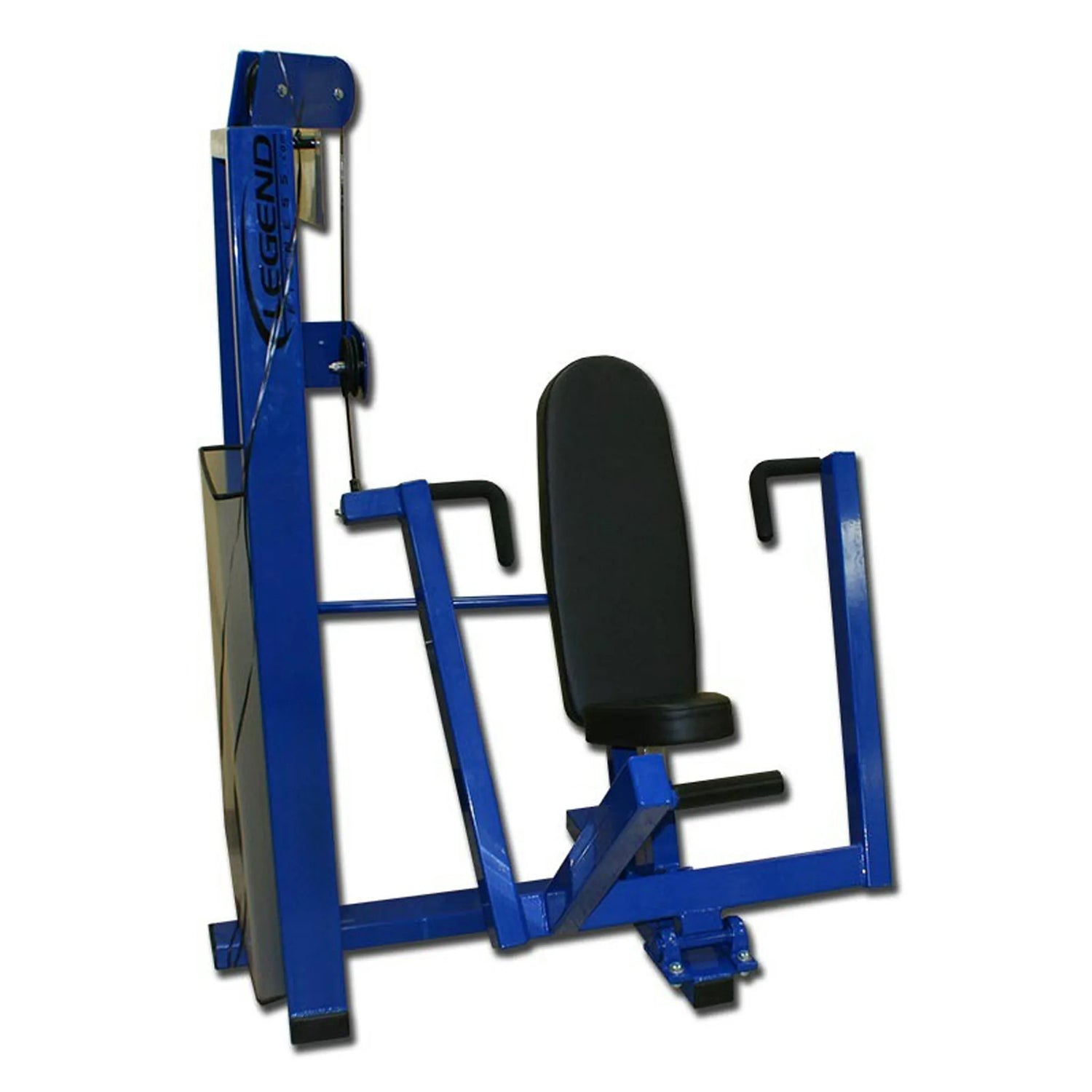 The Legend Fitness 969 Children's Circuit by Legend Fitness is a blue and black chest press machine with padded seat and backrest, handles, and weight resistance system for upper body workouts.