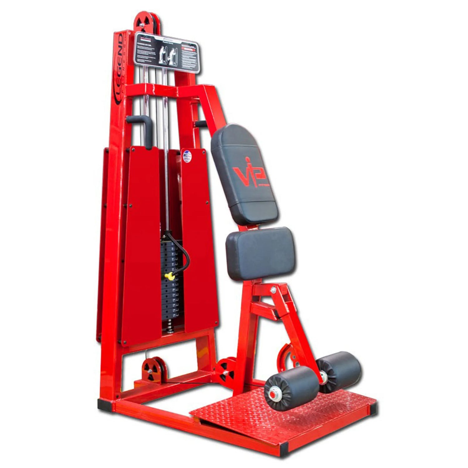 The Legend Fitness 970 Standing Leg Curl Machine by Legend Fitness features a padded seat, backrest, leg rollers, weight stack, and instructional placard on top—designed for effective strength training.