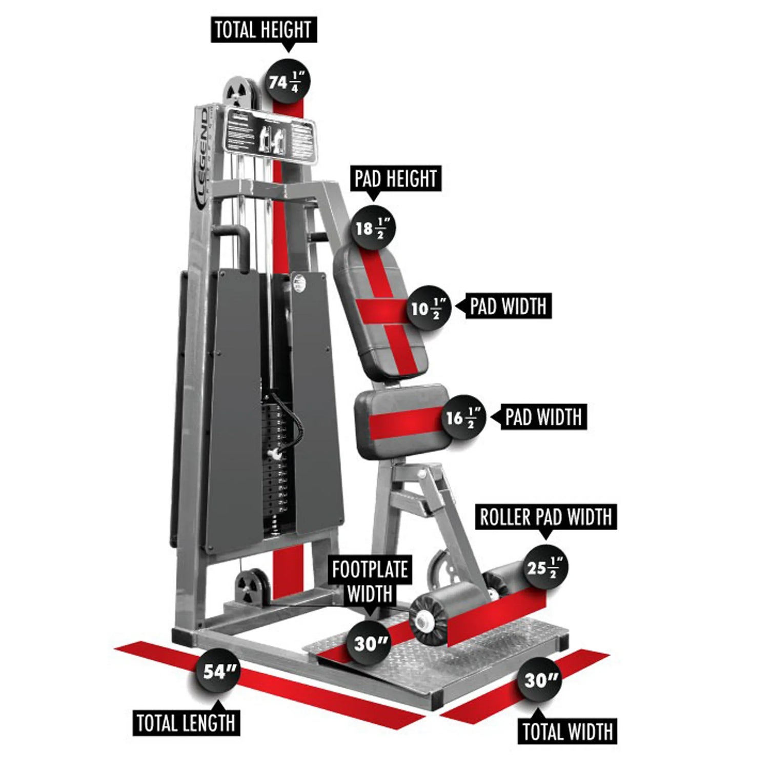 The Legend Fitness 970 Standing Leg Curl Machine by Legend Fitness measures 74.5" high, 54" long, 30" wide, with an 18" x 10.5" pad, a roller pad width of 16.5", and a footplate width of 30".