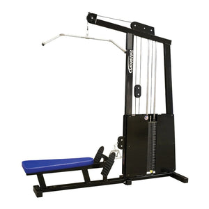 The Legend Fitness 971 Pro Seated Lat Pulldown / Low Row Machine by Legend Fitness features a black frame, blue padded bench, metal foot plates, and weight stack for upper body strength training in gyms.