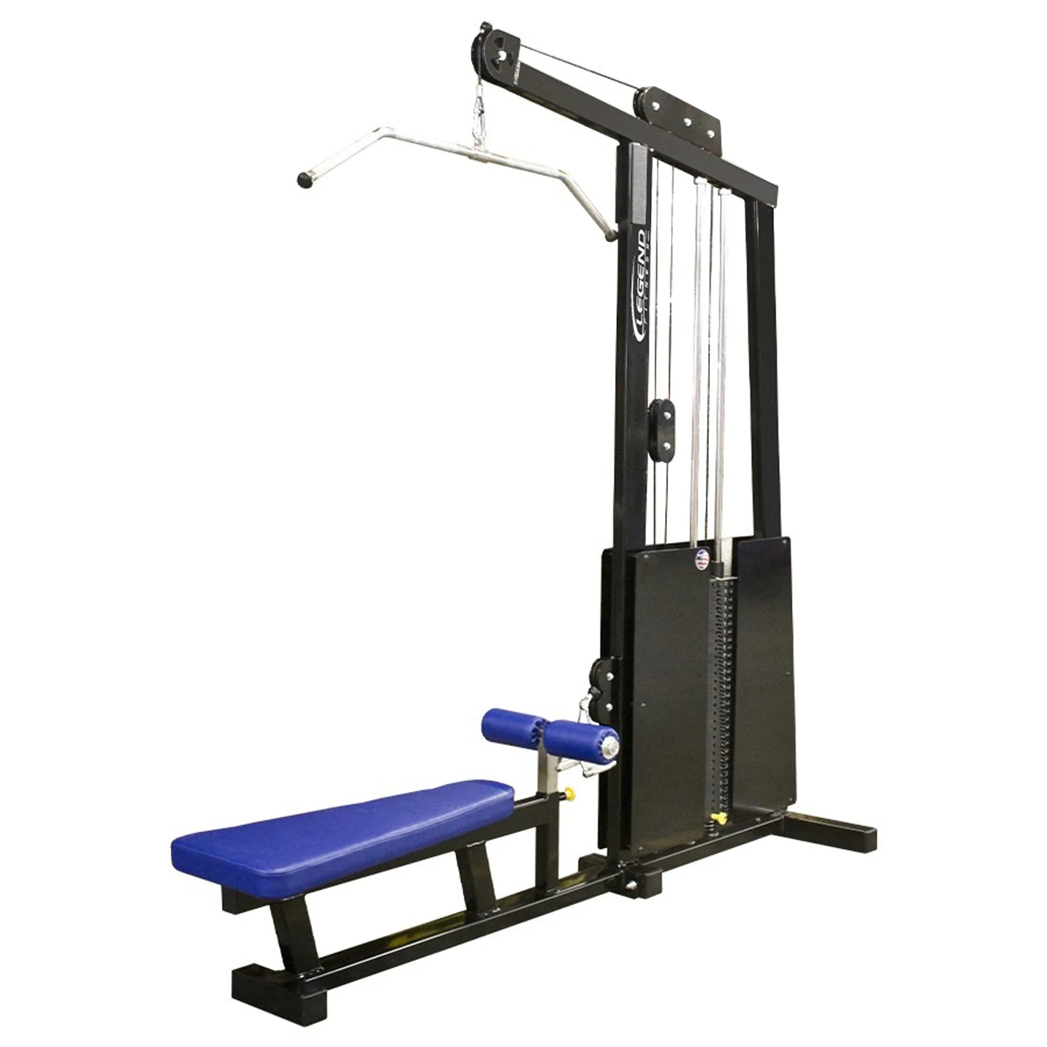 The Legend Fitness 971 Pro Seated Lat Pulldown / Low Row Machine by Legend Fitness is a black and blue gym unit for lat pulldown and seated row exercises, with a padded bench, foot rests, weight stack, and wide grip high pulley.