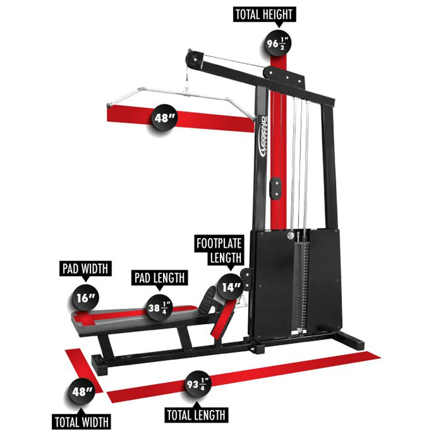 The Legend Fitness 971 Pro Seated Lat Pulldown / Low Row Machine measures 96.5" high, 93.1" long, and 48" wide, with a pad size of 16" x 38.1" and a footplate length of 14".