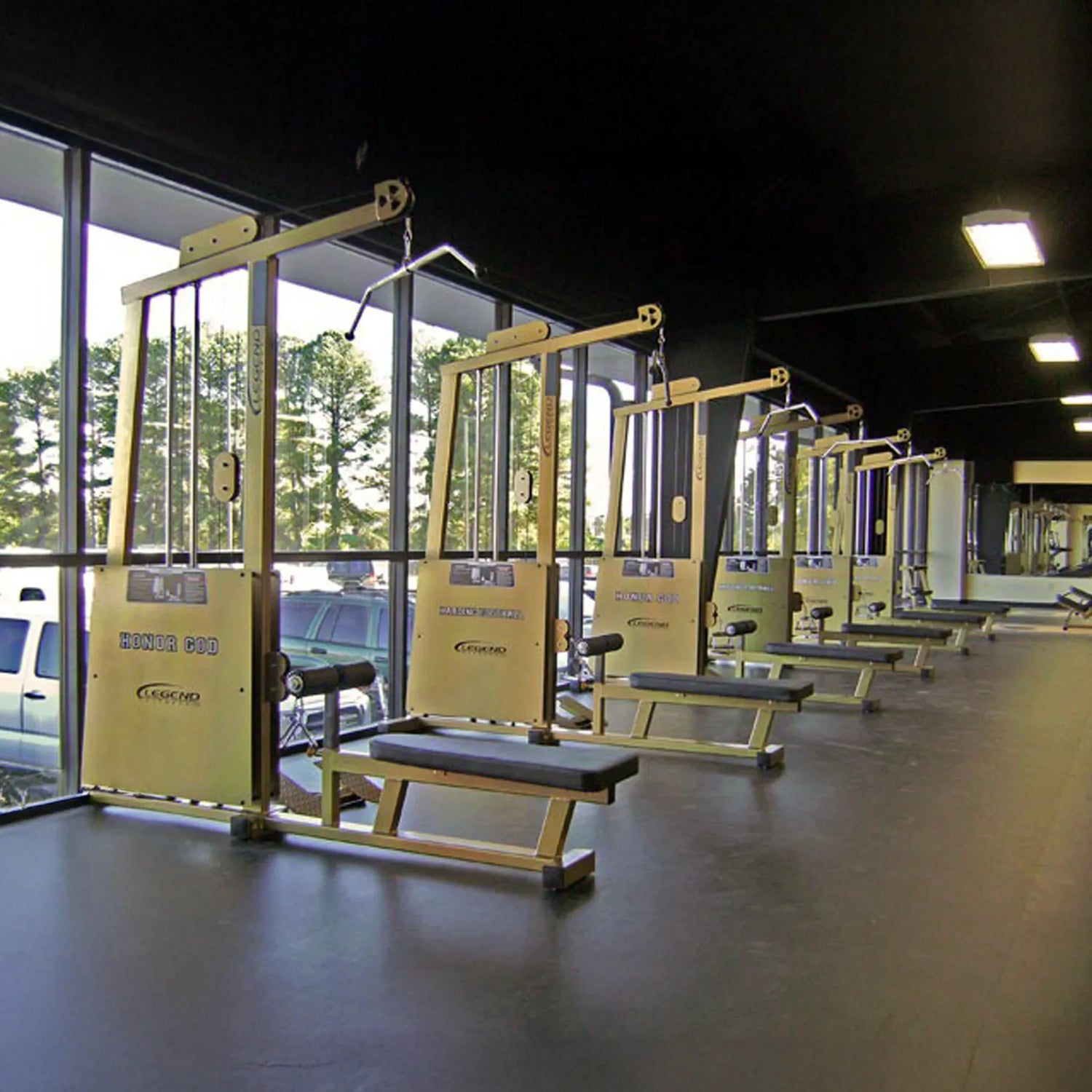 A row of Legend Fitness 971 Pro Seated Lat Pulldown / Low Row Machines is arranged by large windows in a bright, clean gym, with trees and parked cars visible outside. The space feels modern and spacious.