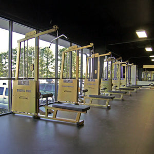 A row of Legend Fitness 971 Pro Seated Lat Pulldown / Low Row Machines is arranged by large windows in a bright, clean gym, with trees and parked cars visible outside. The space feels modern and spacious.