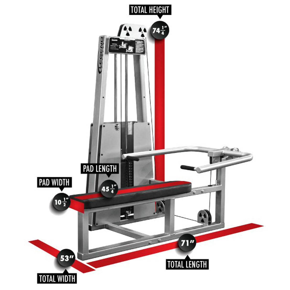 The Legend Fitness 972 Lying Chest Press Machine by Legend Fitness features a metal frame, black seat pad, total height 74.5", length 71", width 53", pad width 10.5", and pad length 45.5".