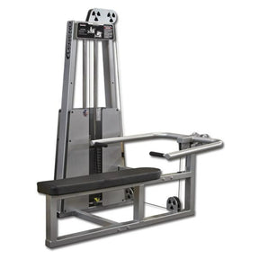 The Legend Fitness 972 Lying Chest Press Machine by Legend Fitness features a metallic frame with black-accented seat and handles, plus a weight stack—ideal for gym chest workouts.