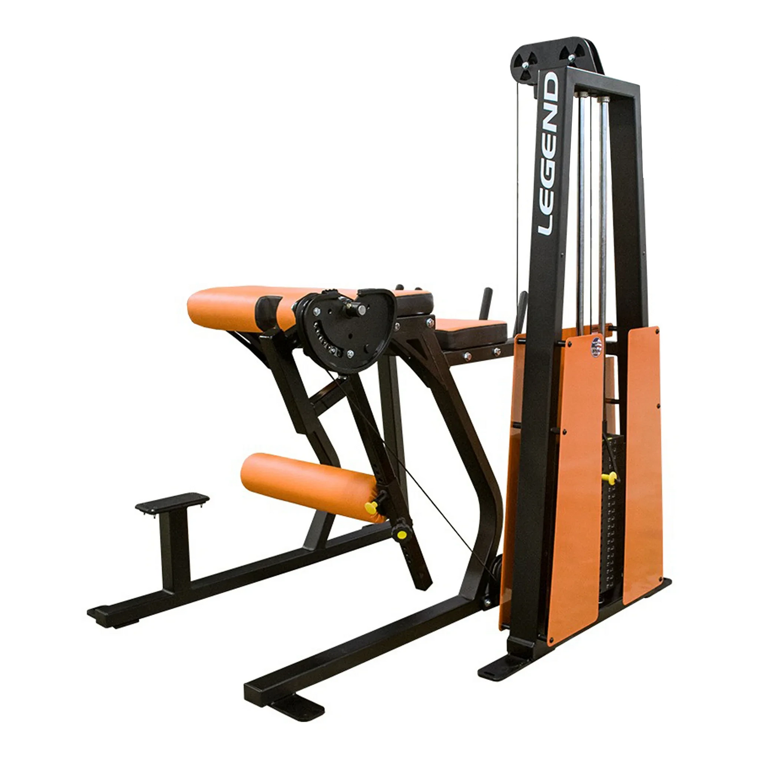 The Legend Fitness 974 Pro Reverse Back Extension Machine features black and orange padding, a metal frame, encased weight stacks on the side, and displays the LEGEND logo on the upper frame.