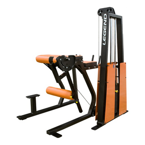 The Legend Fitness 974 Pro Reverse Back Extension Machine features black and orange padding, a metal frame, encased weight stacks on the side, and displays the LEGEND logo on the upper frame.