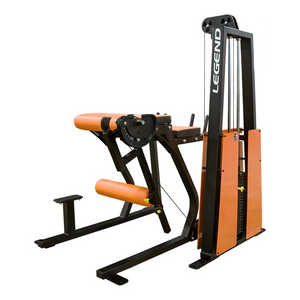 The Legend Fitness 974 Pro Reverse Back Extension Machine features black and orange padding, a metal frame, encased weight stacks on the side, and displays the LEGEND logo on the upper frame.