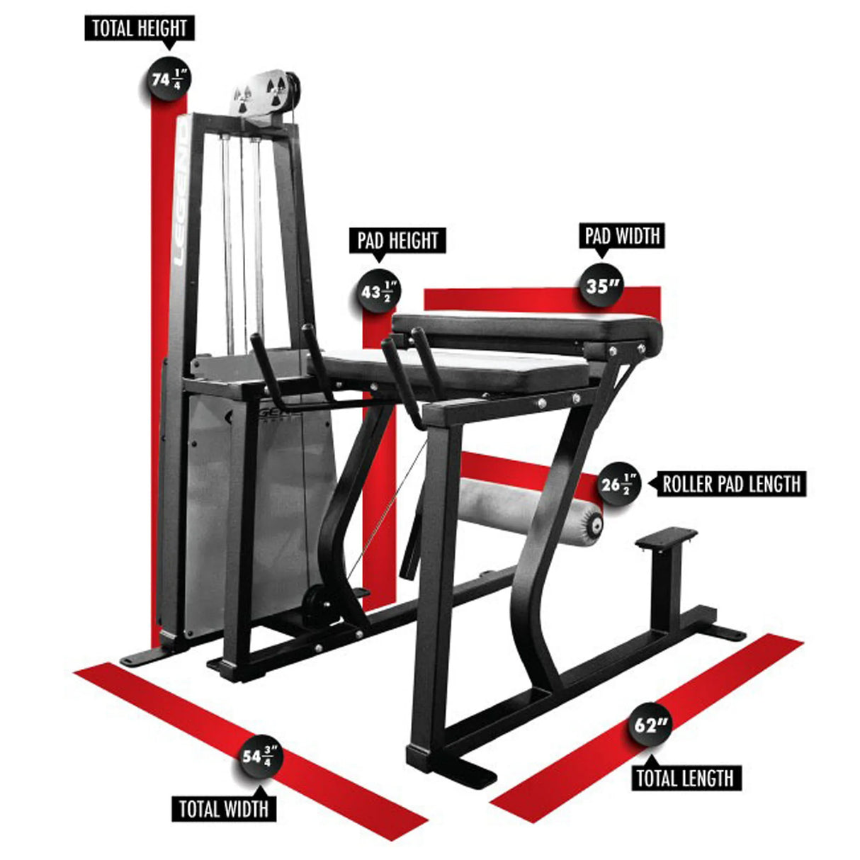 The Legend Fitness 974 Pro Reverse Back Extension Machine by Legend Fitness has a total height of 74.5, width of 54.5, length of 62.5, pad height of 43.5, pad width of 35, and roller pad length of 26.5.