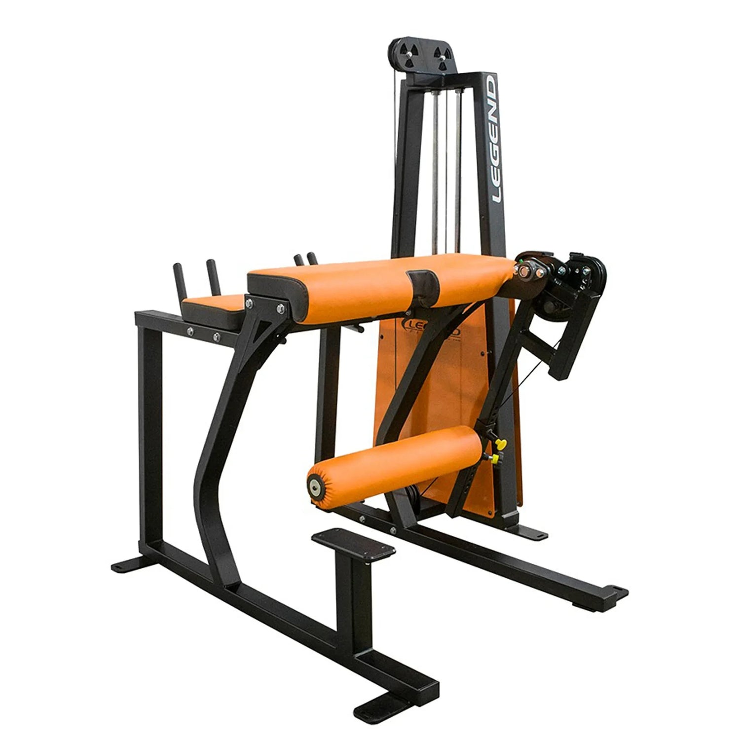 The Legend Fitness 974 Pro Reverse Back Extension Machine by Legend Fitness features a black metal frame, orange padded seat and supports, and side weight stack with pulleys, designed for commercial back extension exercises.