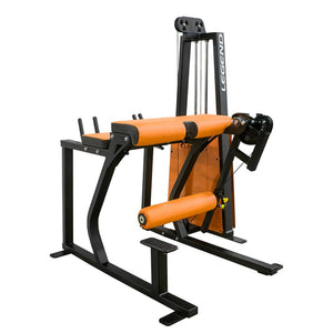 The Legend Fitness 974 Pro Reverse Back Extension Machine by Legend Fitness features a black metal frame, orange padded seat and supports, and side weight stack with pulleys, designed for commercial back extension exercises.