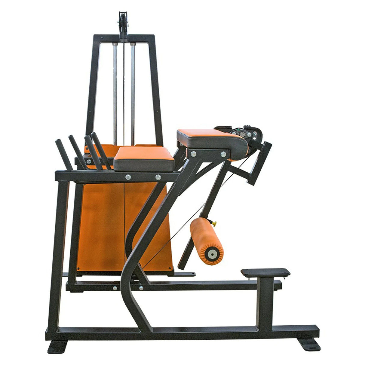 A side view of the Legend Fitness 974 Pro Reverse Back Extension Machine by Legend Fitness, featuring orange and black colors, padded seats, and rollers for leg workouts, set against a plain white background.