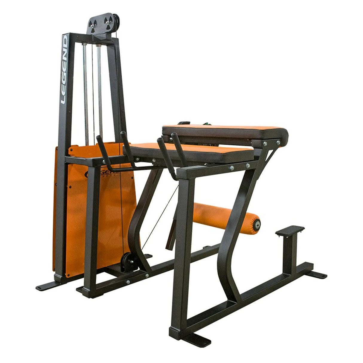 The Legend Fitness 974 Pro Reverse Back Extension Machine by Legend Fitness features an orange and black frame, padded seat, leg supports, and a weight stack system, designed for back extension exercises in commercial gyms.