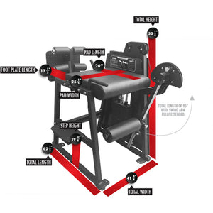 The Legend Fitness 976-GH Reverse Back Extension/GHD Combo Machine by Legend Fitness features labeled dimensions: pad length 26", foot plate height 13.5", pad width 11", step height 6.25", total length 51.5", width 41.5", and height 55.5".