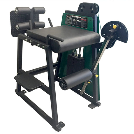 The Legend Fitness 976-GH Reverse Back Extension/GHD Combo Machine by Legend Fitness features padded rollers, a step platform, adjustment handles, and a weight stack for resistance to help strengthen thigh muscles in the gym.