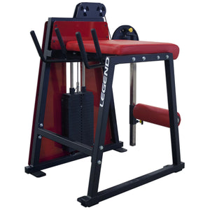The Legend Fitness 976 Performance Reverse Back Extension Machine by Legend Fitness is a black and red gym unit with padded supports, handles, a visible weight stack, and adjustment pins—ideal for targeted back or leg exercises.