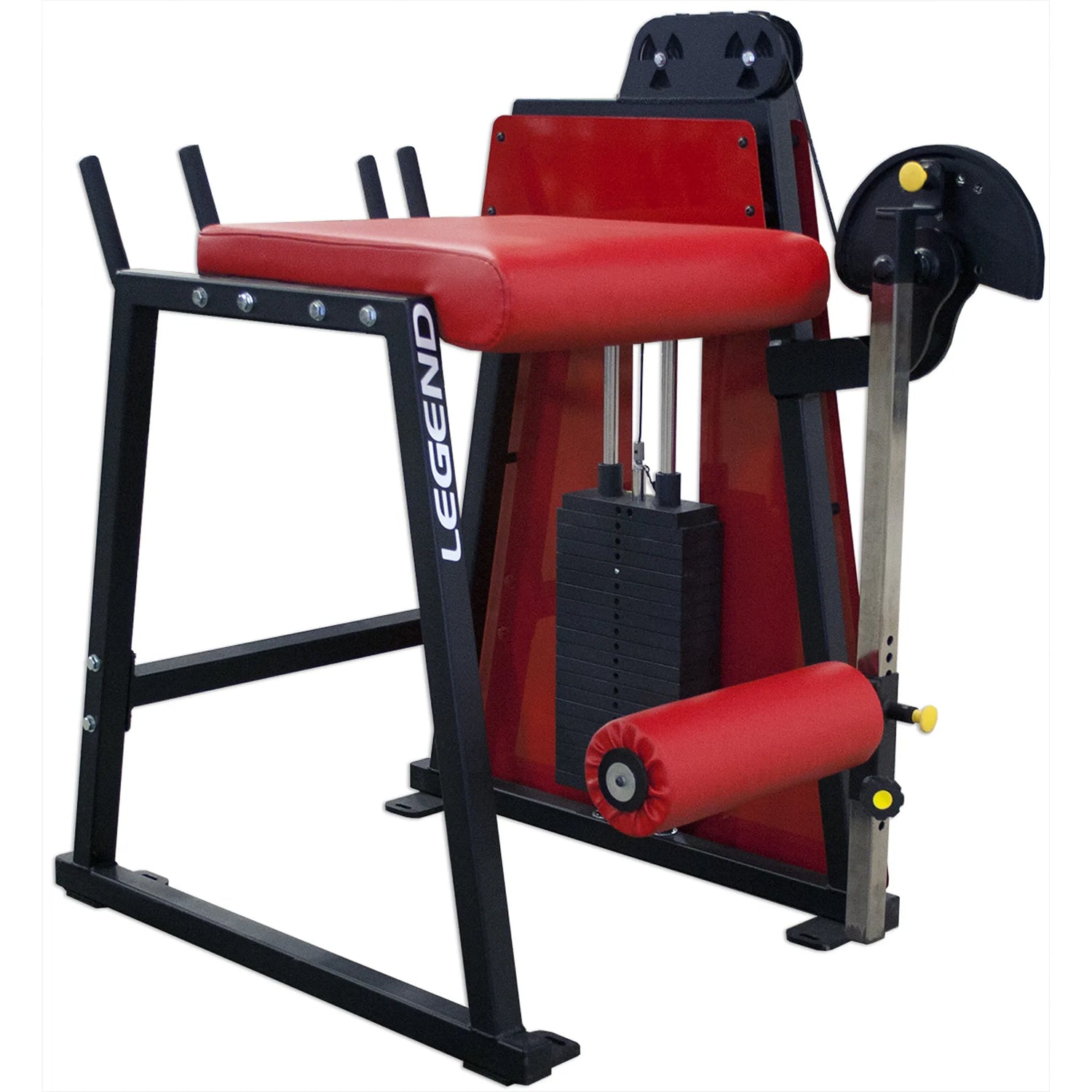 The Legend Fitness 976 Performance Reverse Back Extension Machine features a red and black frame, padded seat, weights, and a foot support bar for lower leg exercises, with "LEGEND" printed on the side.