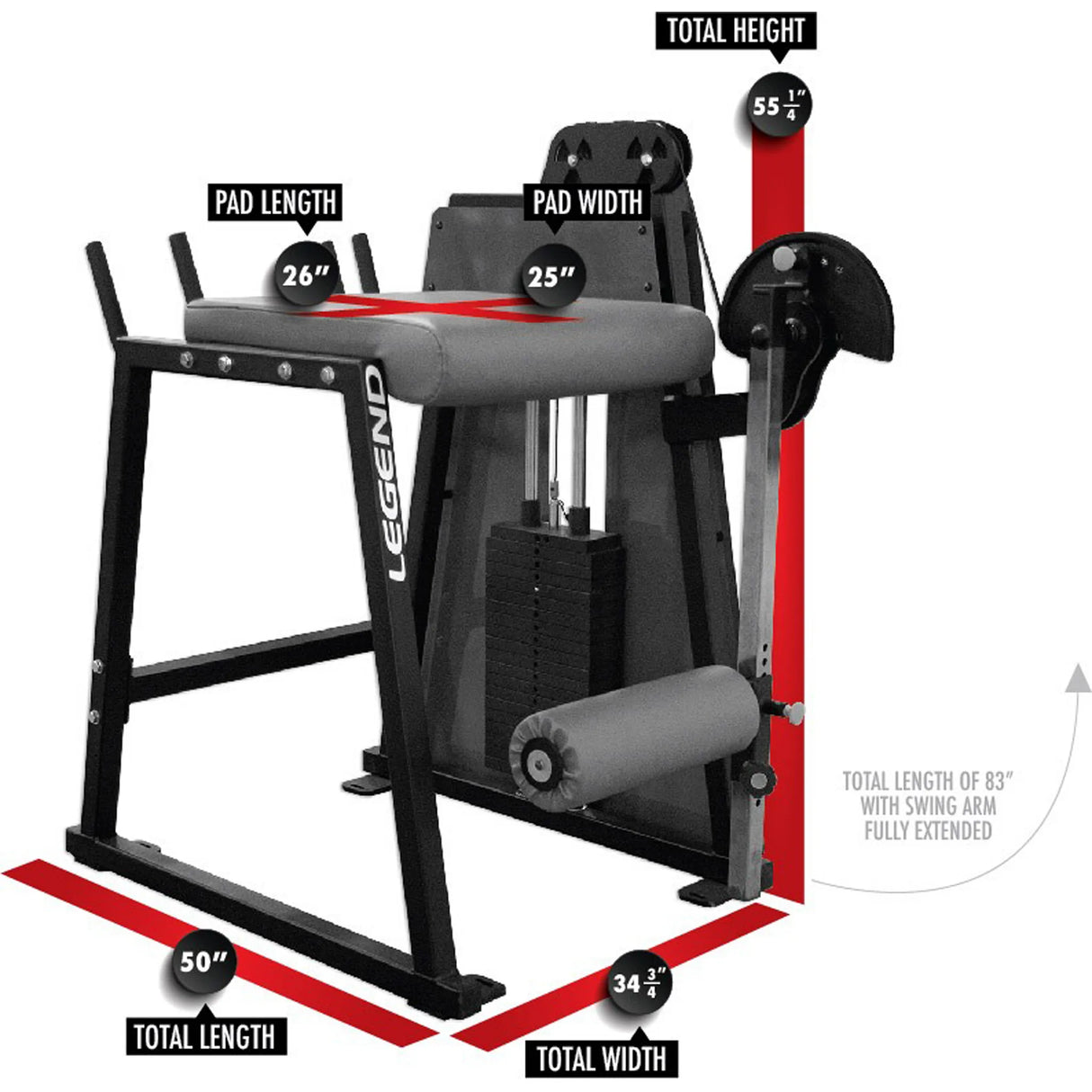 The Legend Fitness 976 Performance Reverse Back Extension Machine features a pad (26"L x 25"W), total height of 55.5", length of 50", width of 34.75", and a swing arm extending to a total length of 83".