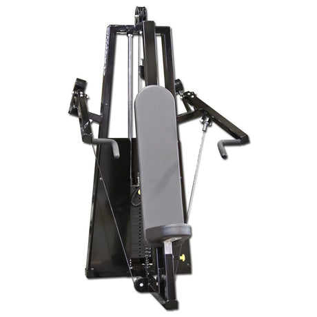 The Legend Fitness 990 Unilateral Converging Shoulder Press Machine by Legend Fitness features a black and gray design, padded backrest and seat, adjustable arms, and cable attachments for strength training at the gym.