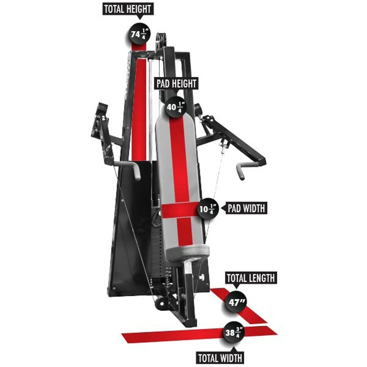 The Legend Fitness 990 Unilateral Converging Shoulder Press Machine by Legend Fitness stands upright with labeled measurements: total height 74.5", pad height 40.5", pad width 10.5", length 47", and width 38.5".