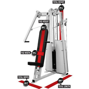 The Legend Fitness 991 Unilateral Converging Chest Press Machine by Legend Fitness is shown in white and black with red accents, featuring labeled measurements: 74" total height, 40.5" pad height, 10.5" pad width, 29.5" width, and 44" length.
