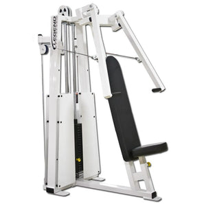 The Legend Fitness 991 Unilateral Converging Chest Press Machine by Legend Fitness is a white and black strength training machine with a padded seat, backrest, handles, and side adjustable weight plates.