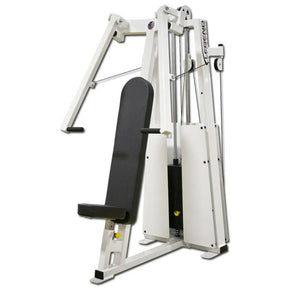The Legend Fitness 991 Unilateral Converging Chest Press Machine by Legend Fitness is a white, upright strength training machine with a padded black seat and backrest, two push handles, and an adjustable weight stack for gym use.