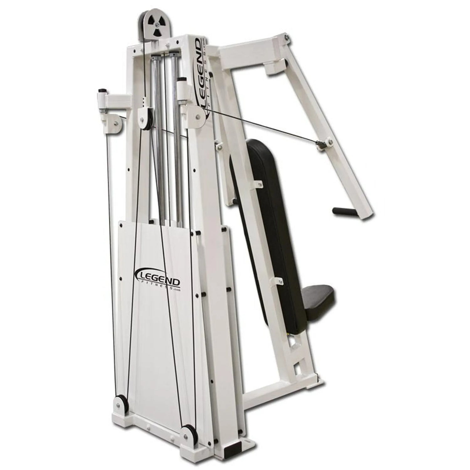 The Legend Fitness 991 Unilateral Converging Chest Press Machine is a white upright unit with padded black seat and backrest, metal weight stack, and resistance cables. The Legend Fitness brand is shown on the side panel.