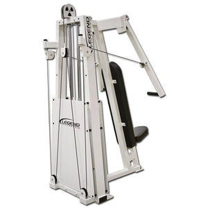 The Legend Fitness 991 Unilateral Converging Chest Press Machine is a white upright unit with padded black seat and backrest, metal weight stack, and resistance cables. The Legend Fitness brand is shown on the side panel.
