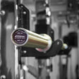 Silver Olympic barbell mounted on a squat rack.