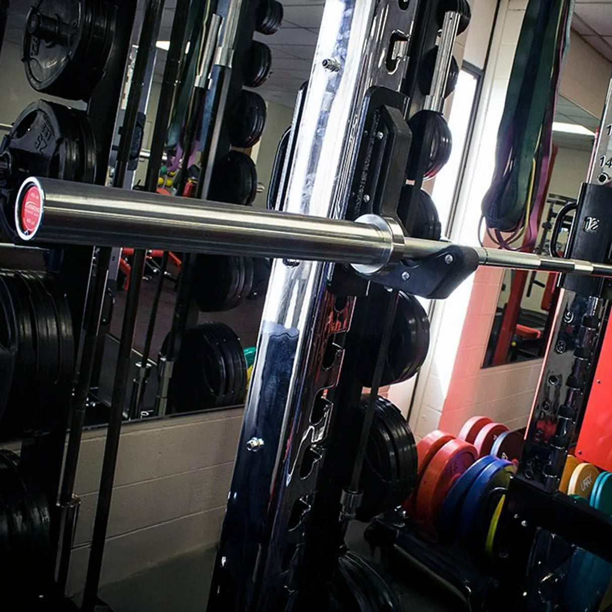 Barbell mounted on a squat rack in a gym setting